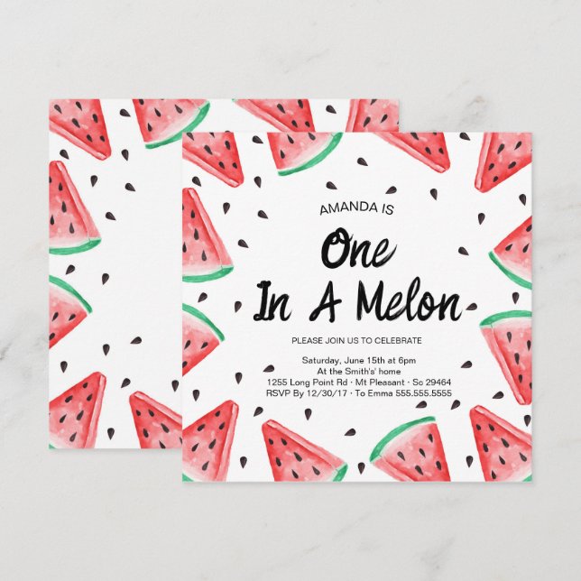 Invitación Una en un Melón Sandía Niña Cumpleaños 1  (Anverso / Reverso)