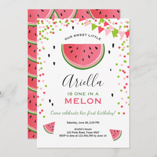 Invitación Una en una melón de cumpleaños (Anverso / Reverso)