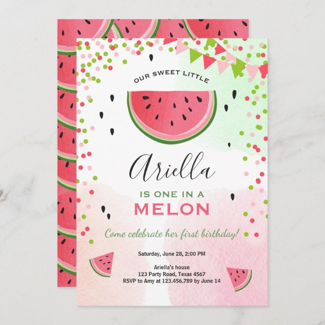 Invitación Una en una melón de cumpleaños (Anverso / Reverso)