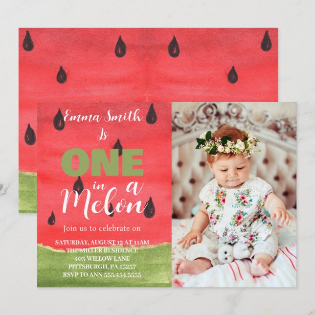Invitación Una en una sandía de Melón Foto de primer cumpleañ (Anverso / Reverso)