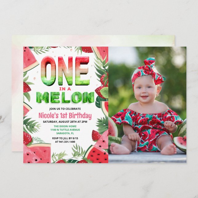 Invitación Una en una sandía de Melón Foto de primer cumpleañ (Anverso / Reverso)
