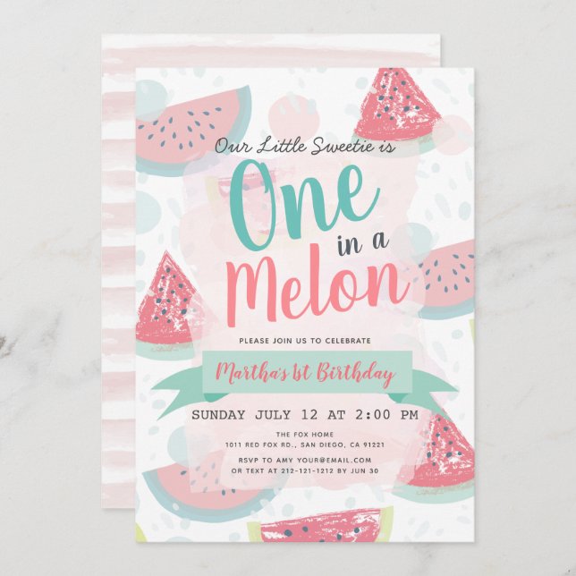 Invitación Una en una sandía de melón melón Melón Primer cump (Anverso / Reverso)