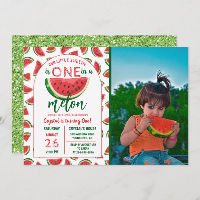 Invitación Una en una sandía Purpurina melón de Melón Primer  (Anverso / Reverso)