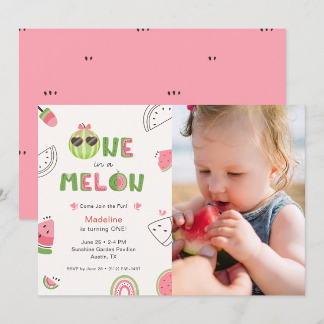 Invitación Una entre un Melón Niña Foto Primer Cumpleaños (Anverso / Reverso)