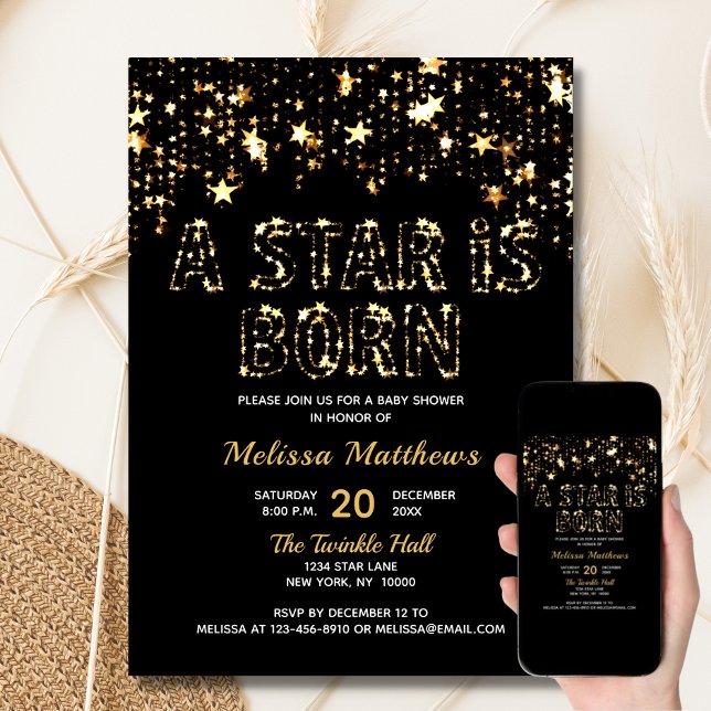 Invitación UNA ESTRELLA NACIÓ Baby Shower DE Oro Negro (A STAR IS BORN Gold Black Baby Shower Invitation)