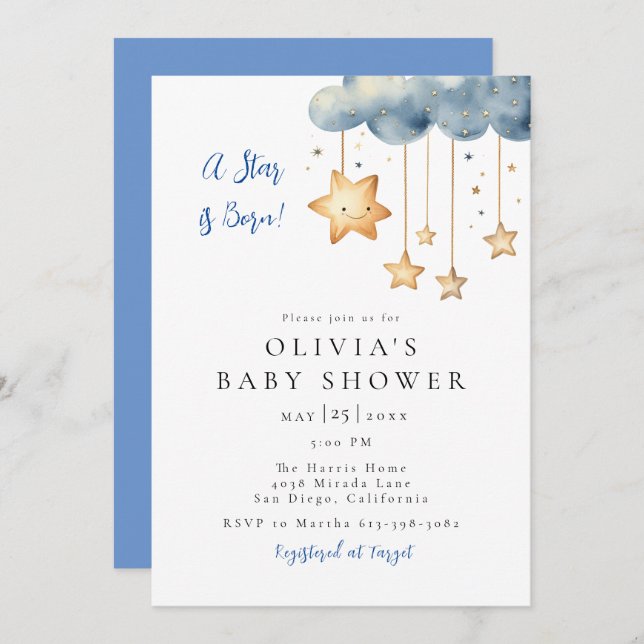 Invitación Una estrella nació en Baby Shower (Anverso / Reverso)