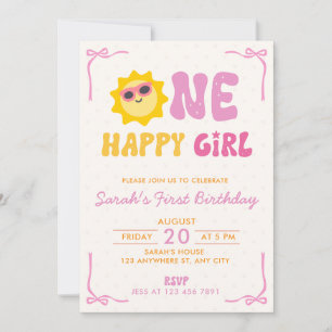 Invitación Una Feliz Niña Retro Sol Primer Cumpleaños
