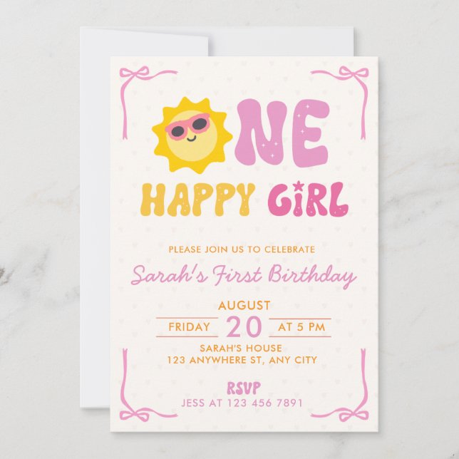 Invitación Una Feliz Niña Retro Sol Primer Cumpleaños (Anverso)