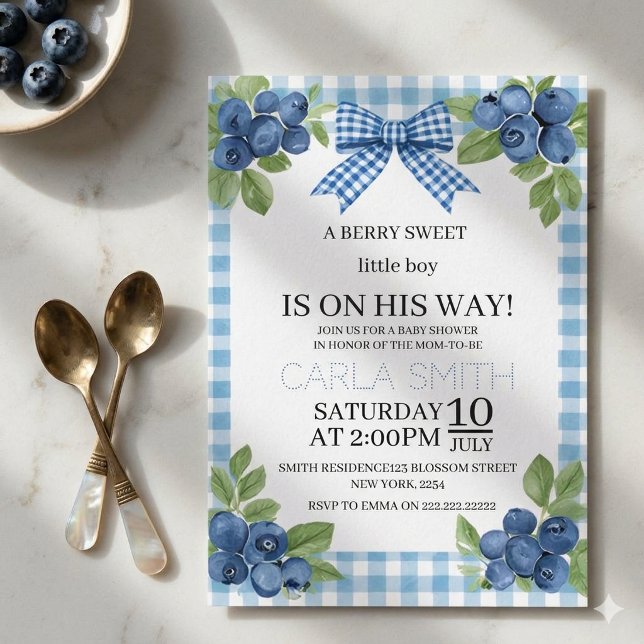 Invitación Una fiesta de baby shower de gingham azul para un  (Subido por el creador)