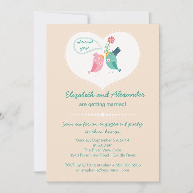 Invitación Una fiesta de compromiso del corazón de los pájaro (Anverso)