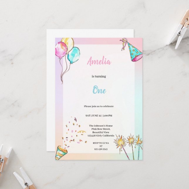 INVITACIÓN UNA FIESTA DE CUMPLEAÑOS AZUL Y ROSA (Anverso/Reverso In Situ)
