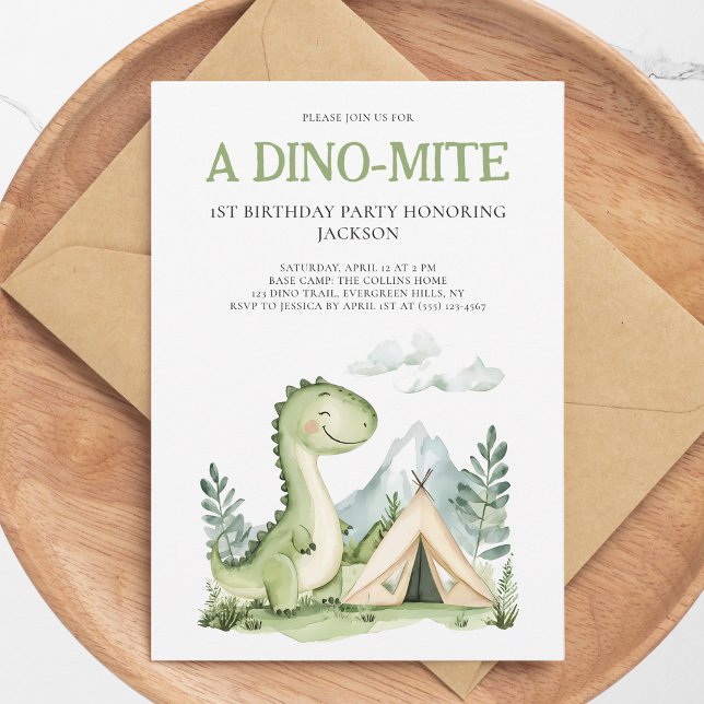Invitación Una fiesta de cumpleaños número uno de dinosaurio  (A Dino-mite Boys Green Dinosaur 1st Birthday Party Invitation)
