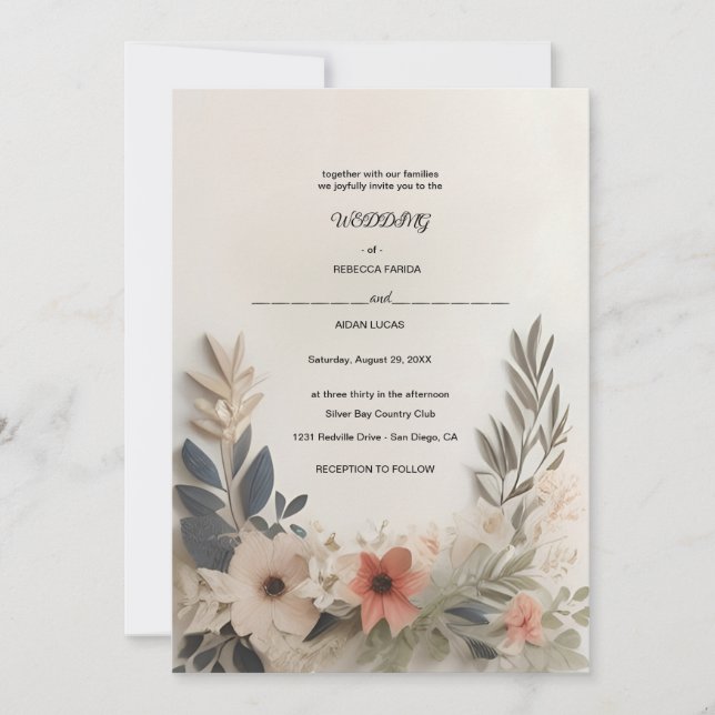 Invitación una flor de papel con fondo blanco (Anverso)