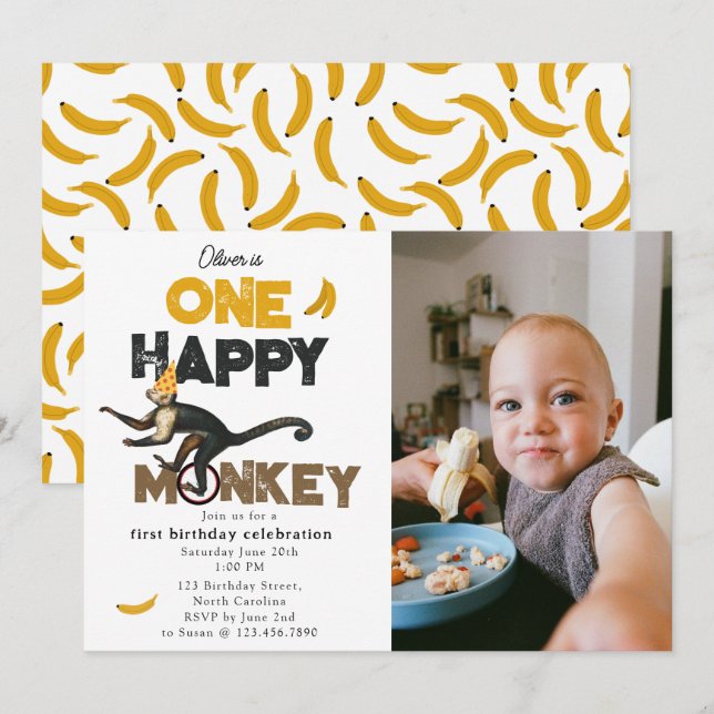 Invitación Una foto de cumpleaños de un mono feliz lindo prim (Anverso / Reverso)