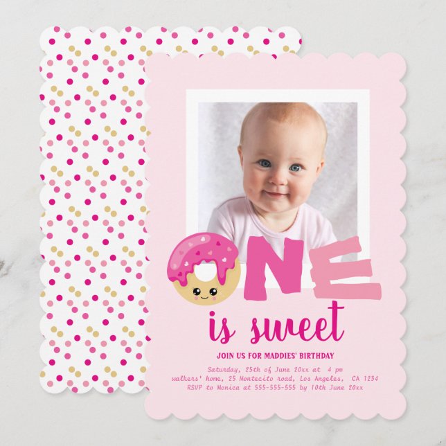 Invitación Una foto dulce Rosa Donut Bebé Primer cumpleaños (Anverso / Reverso)