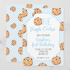Invitación Una galleta dura azul primer cumpleaños