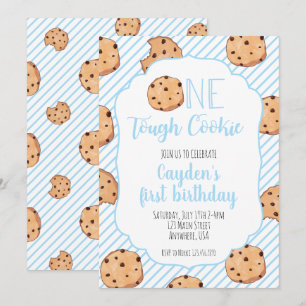 Invitación Una galleta dura azul primer cumpleaños