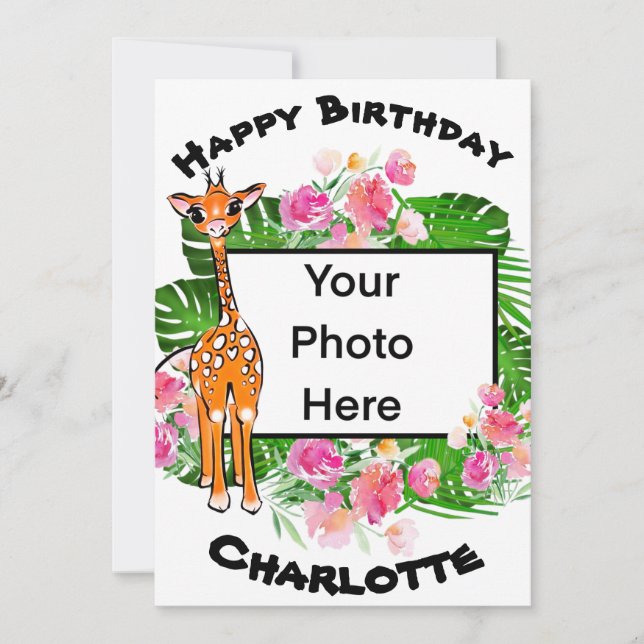 Invitación Una jirafa de Safari de Cumpleaños | bosque tropic (Anverso)