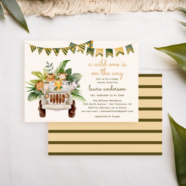 Invitación Una jungla salvaje animales Safari Baby Shower (tropical baby shower invitation with watercolor jungle animals in a safari car)