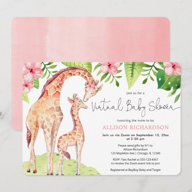Invitación Una linda jirafa safari virtual de Baby Shower (Anverso / Reverso)