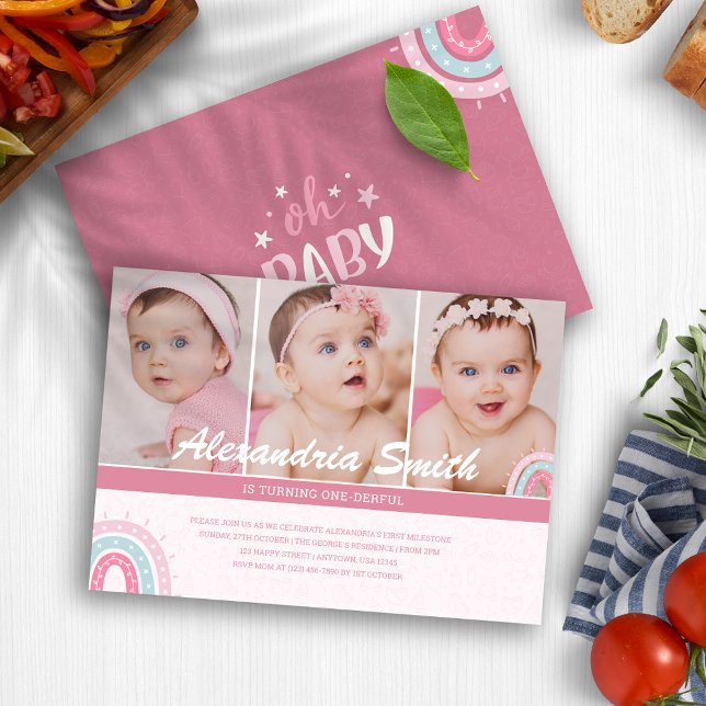 Invitación Una maravillosa foto de primer cumpleaños de Rubor (Cute Baby Girl Pink Boho Onederful 1st Birthday Invitation
)