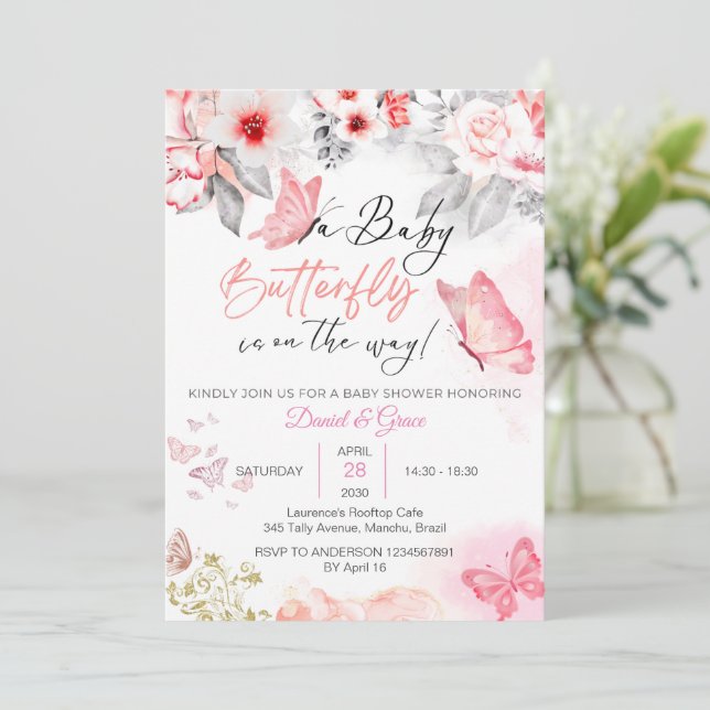 Invitación ¡Una Mariposa Bebé Está En Camino! Baby Shower per (Anverso de pie)