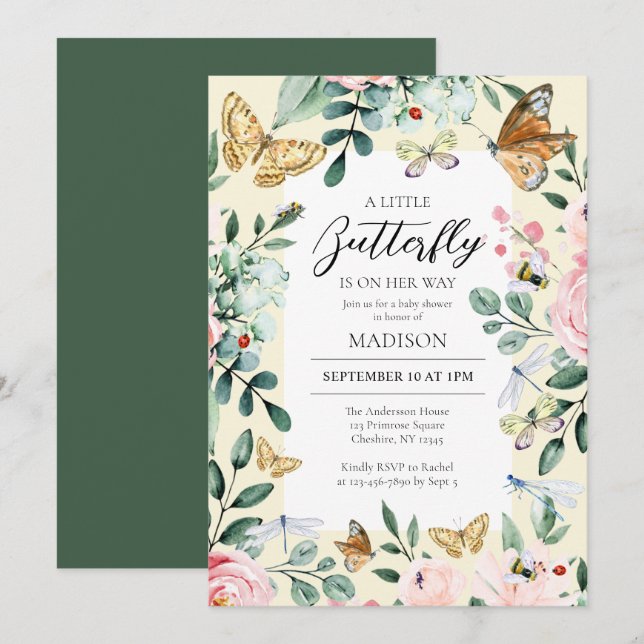 Invitación Una mariposa en camino a Baby Shower (Anverso / Reverso)