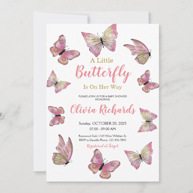 Invitación Una mariposa en camino a Baby Shower (Anverso)