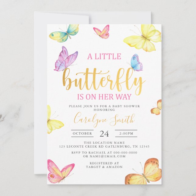 Invitación Una mariposa en camino a Baby Shower Gold (Anverso)