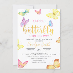 Invitación Una mariposa en camino a Baby Shower Gold