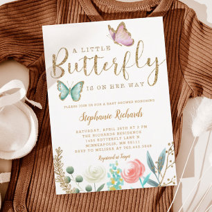 Invitación Una mariposa en camino a Baby Shower Gold