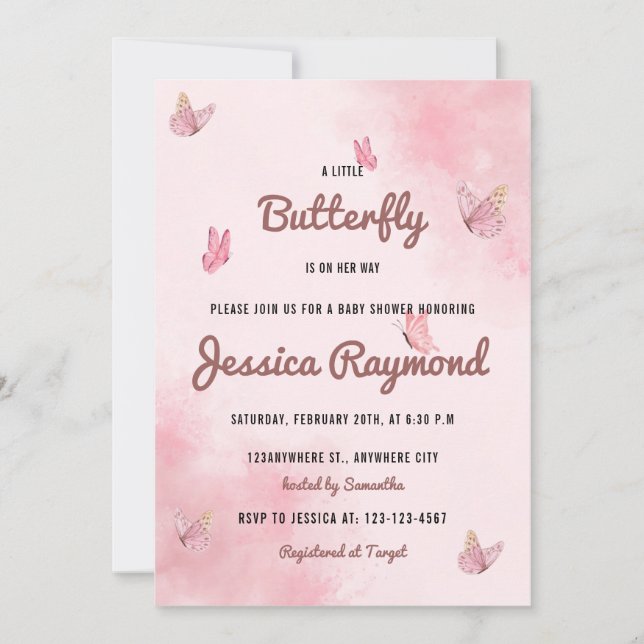 Invitación Una mariposa en camino a Baby Shower rosado (Anverso)