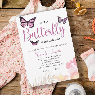 Invitación Una mariposa en camino a Baby Shower rosado