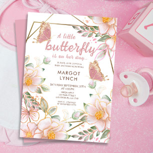 Invitación Una mariposa en camino a Baby Shower rosado