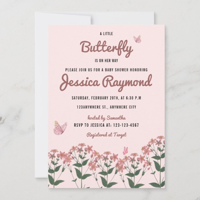 Invitación Una mariposa en camino a Baby Shower rosado (Anverso)