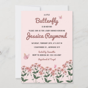 Invitación Una mariposa en camino a Baby Shower rosado