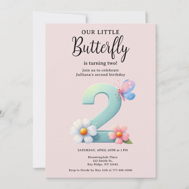 Invitación Una mariposa pequeña 2º cumpleaños Tipo de letra (Anverso)