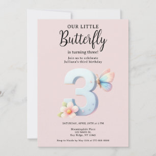 Invitación Una mariposa pequeña 3 cumpleaños tipo número de p