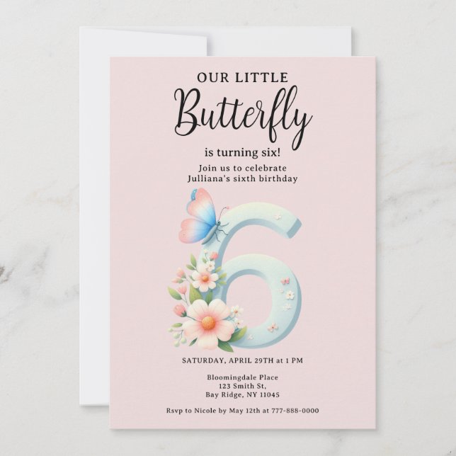 Invitación Una mariposa pequeña 6 cumpleaños tipo número lind (Anverso)