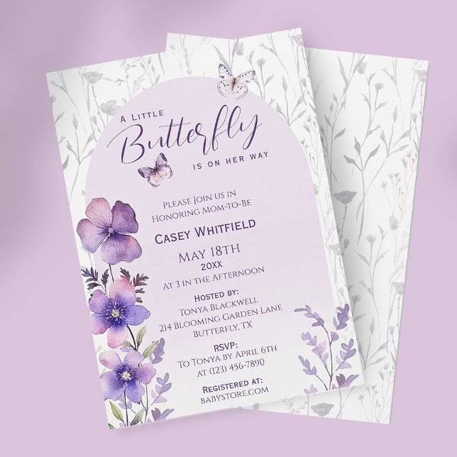 Invitación Una mariposa pequeña Baby Shower Purple Wildflower (A Little Butterfly Purple Boho Baby Shower Invitation)