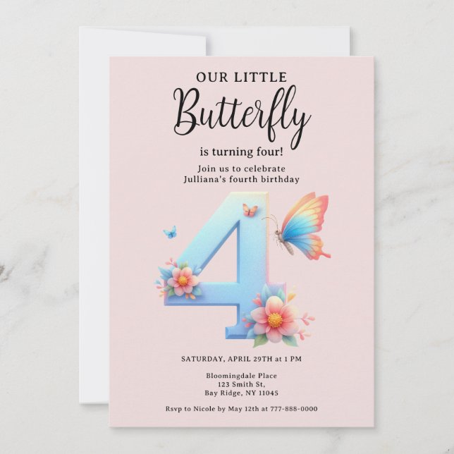 Invitación Una mariposa pequeña cuarto cumpleaños tipo número (Anverso)