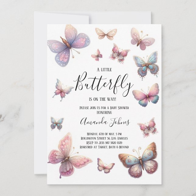Invitación Una mariposa pequeña está en camino al Baby Shower (Anverso)