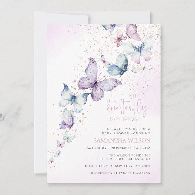 Invitación Una Mariposa Pequeña Está En Camino De Baby Shower (Anverso)