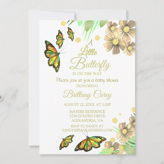 Invitación Una Mariposa Pequeña Está En Camino Del Bebé Flora (Anverso)