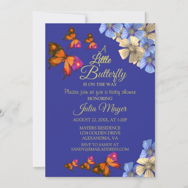 Invitación Una Mariposa Pequeña Está En Camino Del Bebé Flora (Anverso)
