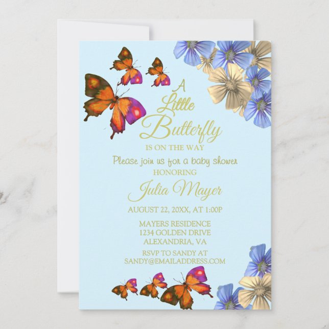 Invitación Una Mariposa Pequeña Está En Camino Del Bebé Flora (Anverso)