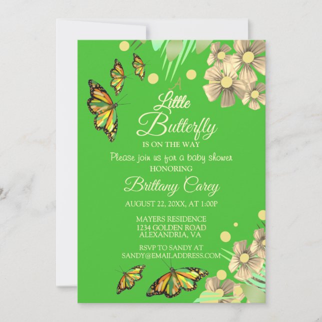 Invitación Una Mariposa Pequeña Está En Camino Del Bebé Flora (Anverso)
