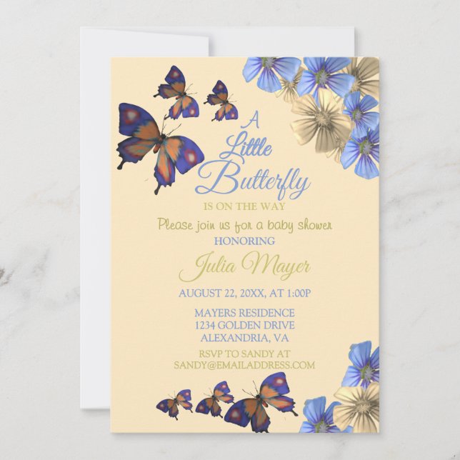 Invitación Una Mariposa Pequeña Está En Camino Del Bebé Flora (Anverso)