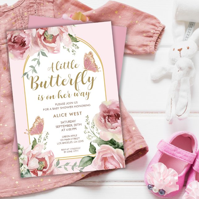 Invitación Una mariposa pequeña | Purpurina de oro rosa Baby  (Subido por el creador)