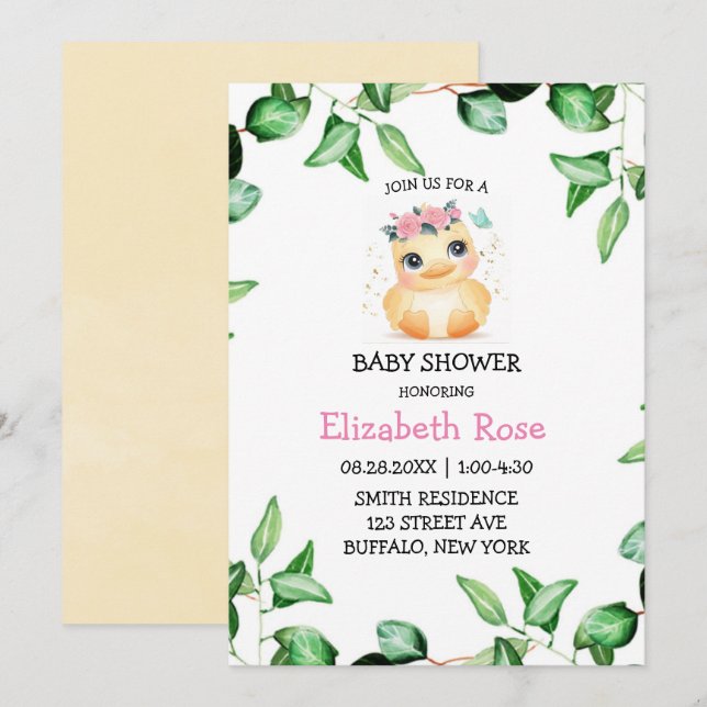 Invitación Una Moda linda, una marfil verde deja Baby Shower (Anverso / Reverso)